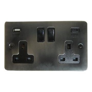 Flat Slate Effect Double Socket with USB (USB-A and USB-C/Black Switches)